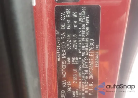 2020 Kia Forte Fe z USA, uszkodzony, nr VIN 3KPF24AD7LE176309